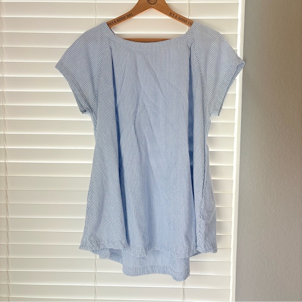 Free People Woman’s Short Sleeve Top Cotton Blue Striped Tee Pockets Size M